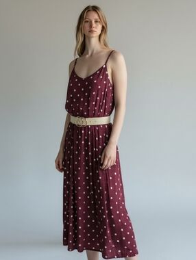 Old Navy Burgundy and White Polka Dot Midi Dress With Belt